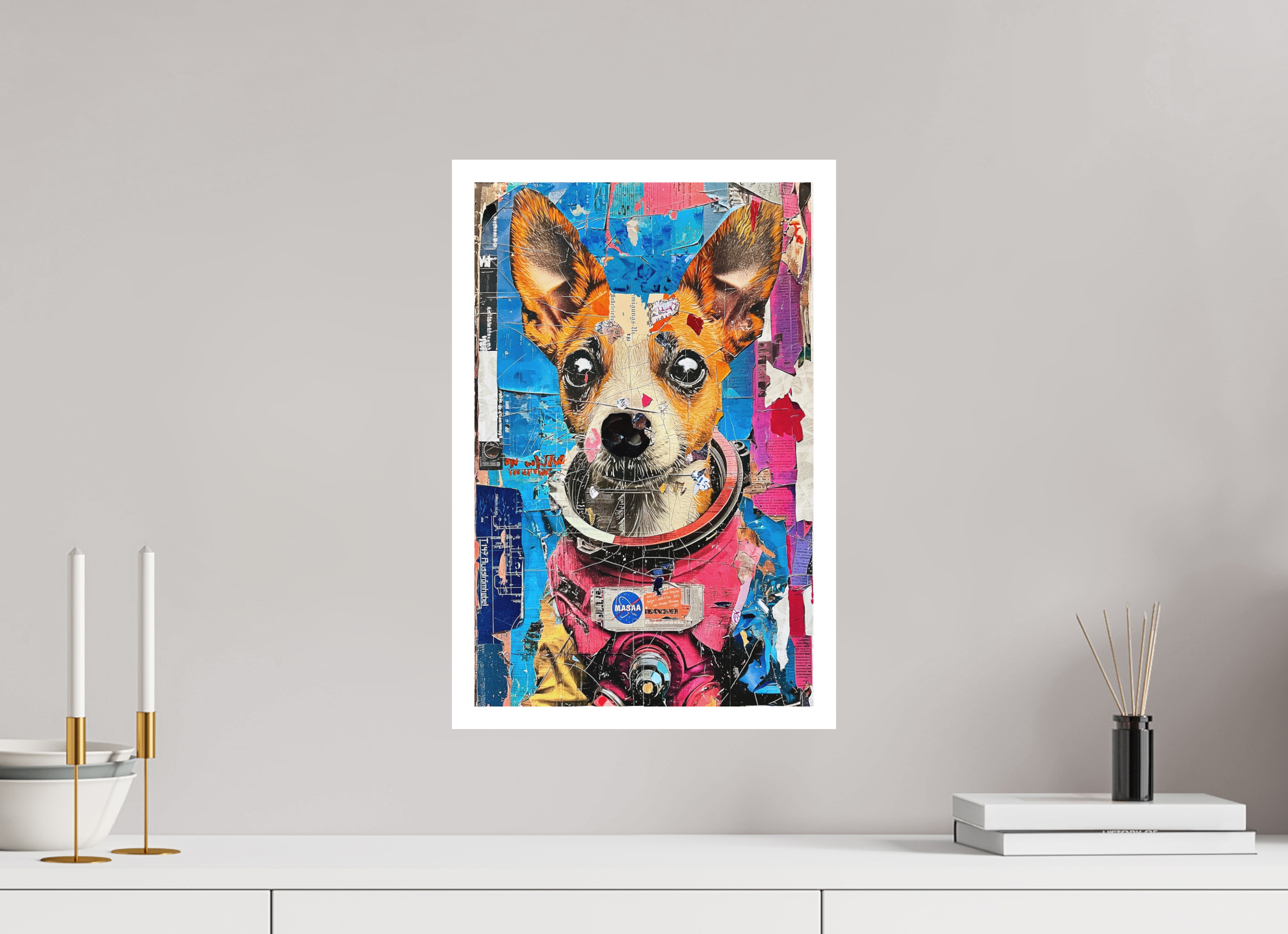 30 x 46,4 cm, Hahnemühle William Turner + Weissrand 2cm Allein im Orbit – Hommage an Laika Fine Art Archiv-Print nach originaler Collage