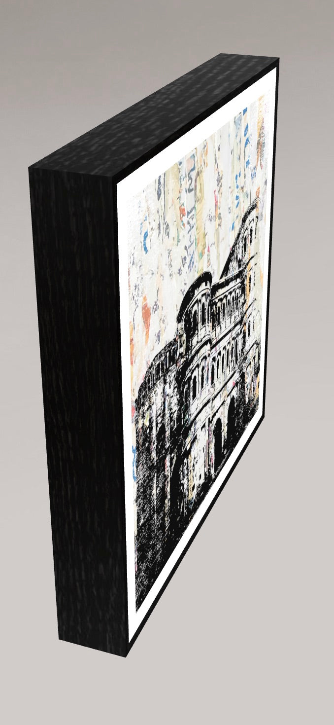 Trier Porta Nigra – Linolschnitt Collage als Fine Art Print | Gerahmt (ArtBox Schwarz)