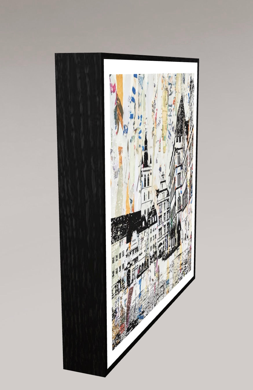 Trier Hauptmarkt  – Linolschnitt Collage als Fine Art Print | Gerahmt (ArtBox Schwarz)