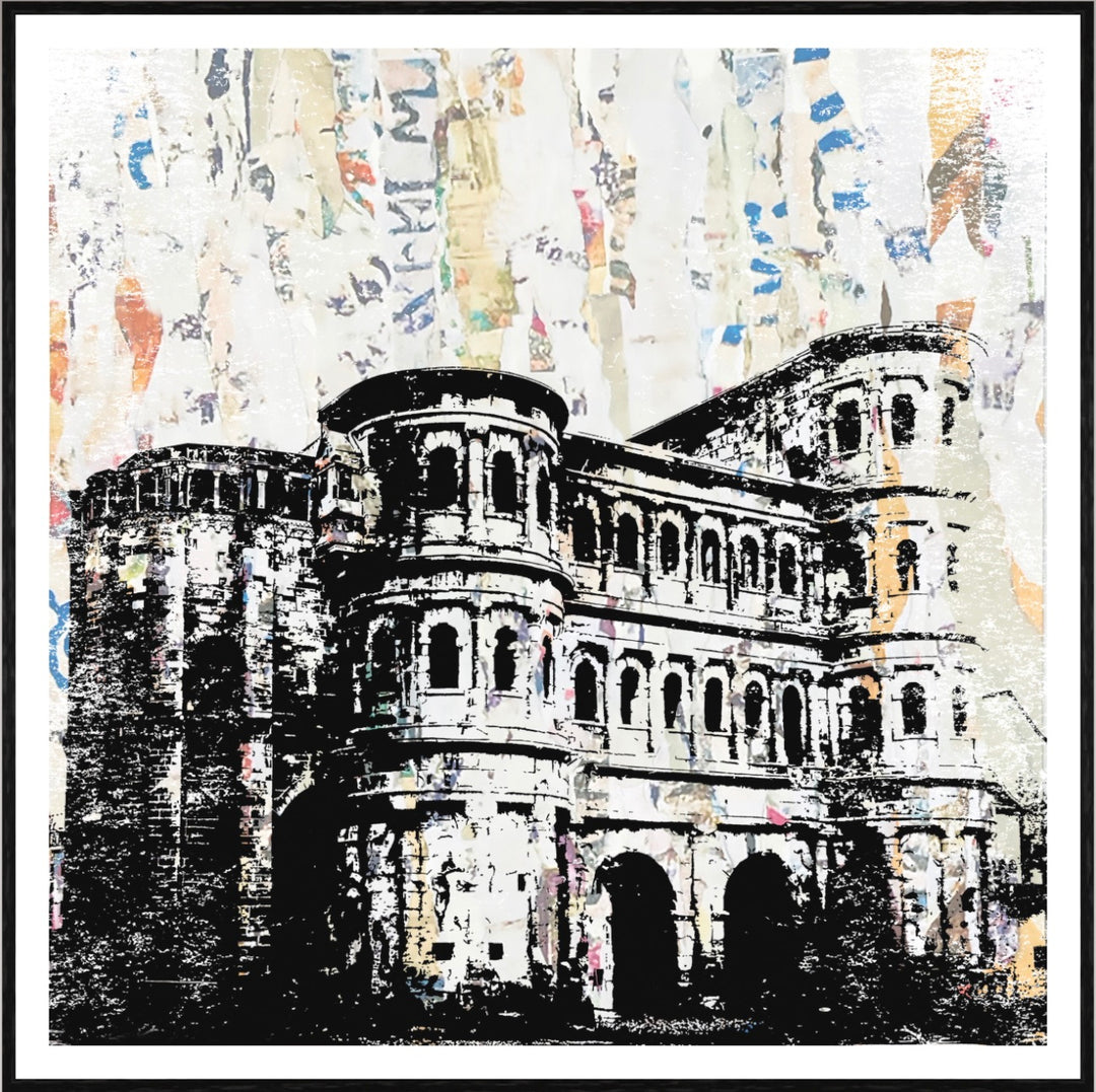 Trier Porta Nigra – Linolschnitt Collage als Fine Art Print | Gerahmt (ArtBox Schwarz)