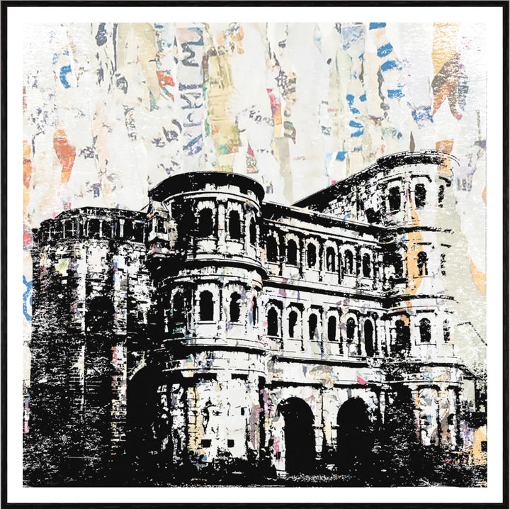 Trier Porta Nigra – Linolschnitt Collage als Fine Art Print | Gerahmt (ArtBox Schwarz)