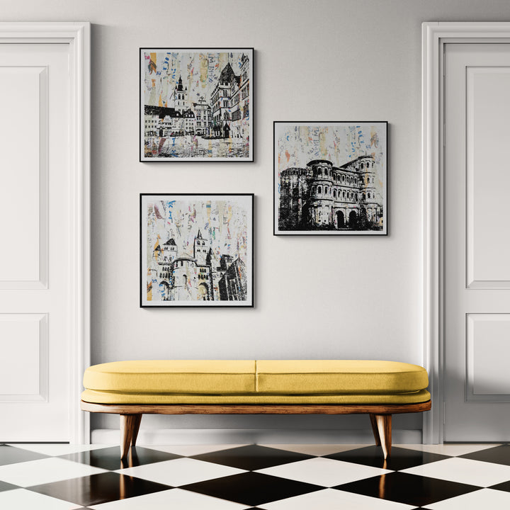 Trier Hauptmarkt  – Linolschnitt Collage als Fine Art Print | Gerahmt (ArtBox Schwarz)