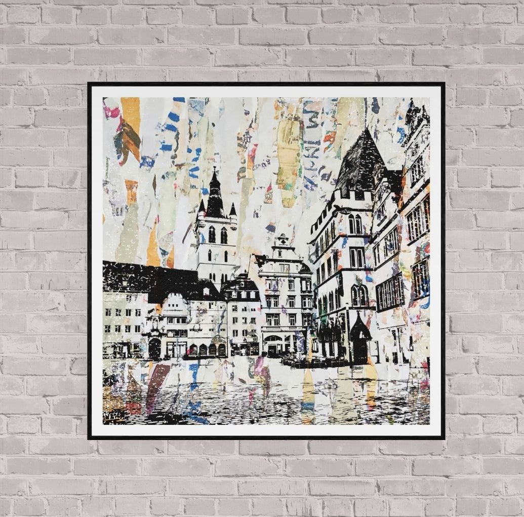 Trier Hauptmarkt  – Linolschnitt Collage als Fine Art Print | Gerahmt (ArtBox Schwarz)