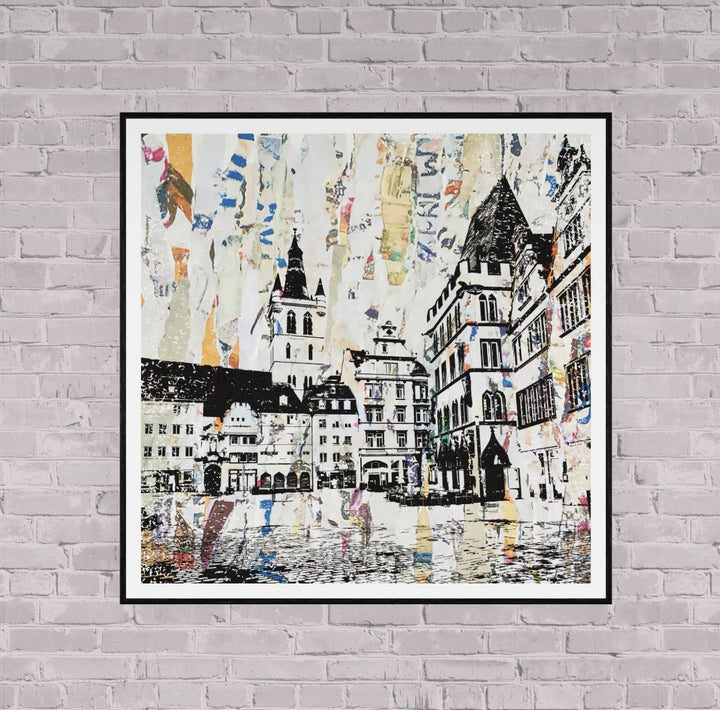 Trier Hauptmarkt  – Linolschnitt Collage als Fine Art Print | Gerahmt (ArtBox Schwarz)