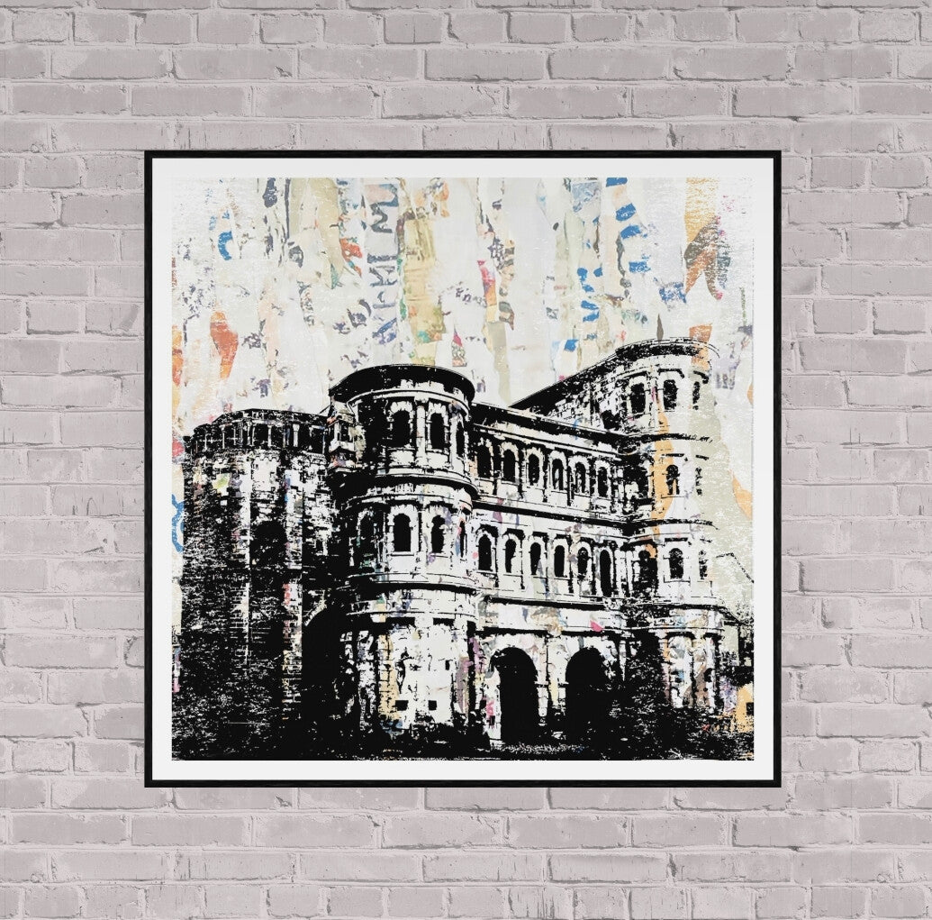 Trier Porta Nigra – Linolschnitt Collage als Fine Art Print | Gerahmt (ArtBox Schwarz)