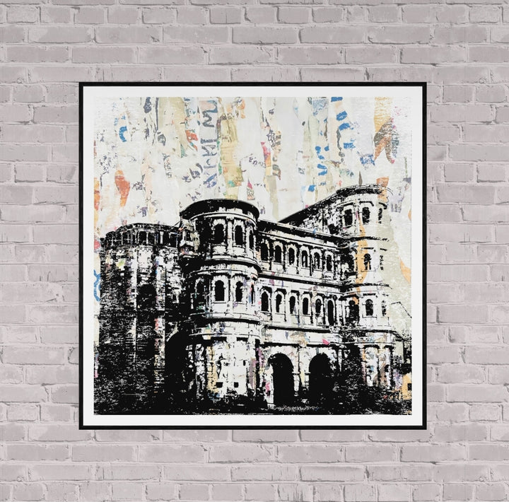 Trier Porta Nigra – Linolschnitt Collage als Fine Art Print | Gerahmt (ArtBox Schwarz)
