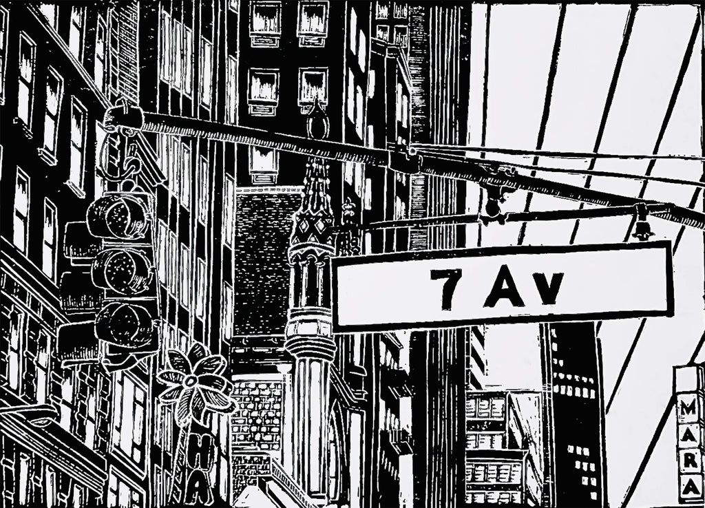 New York City Ausschnitt der 7th Avenue als Original in hochwertiger Druckqualität - ein absolutes Highlight für New York Fans! Schwarzfarbener Druck auf Zerkall hingeschöpftem Papier inkl. Wasserzeichen, vom Künstler signiert und Zertifiziert.