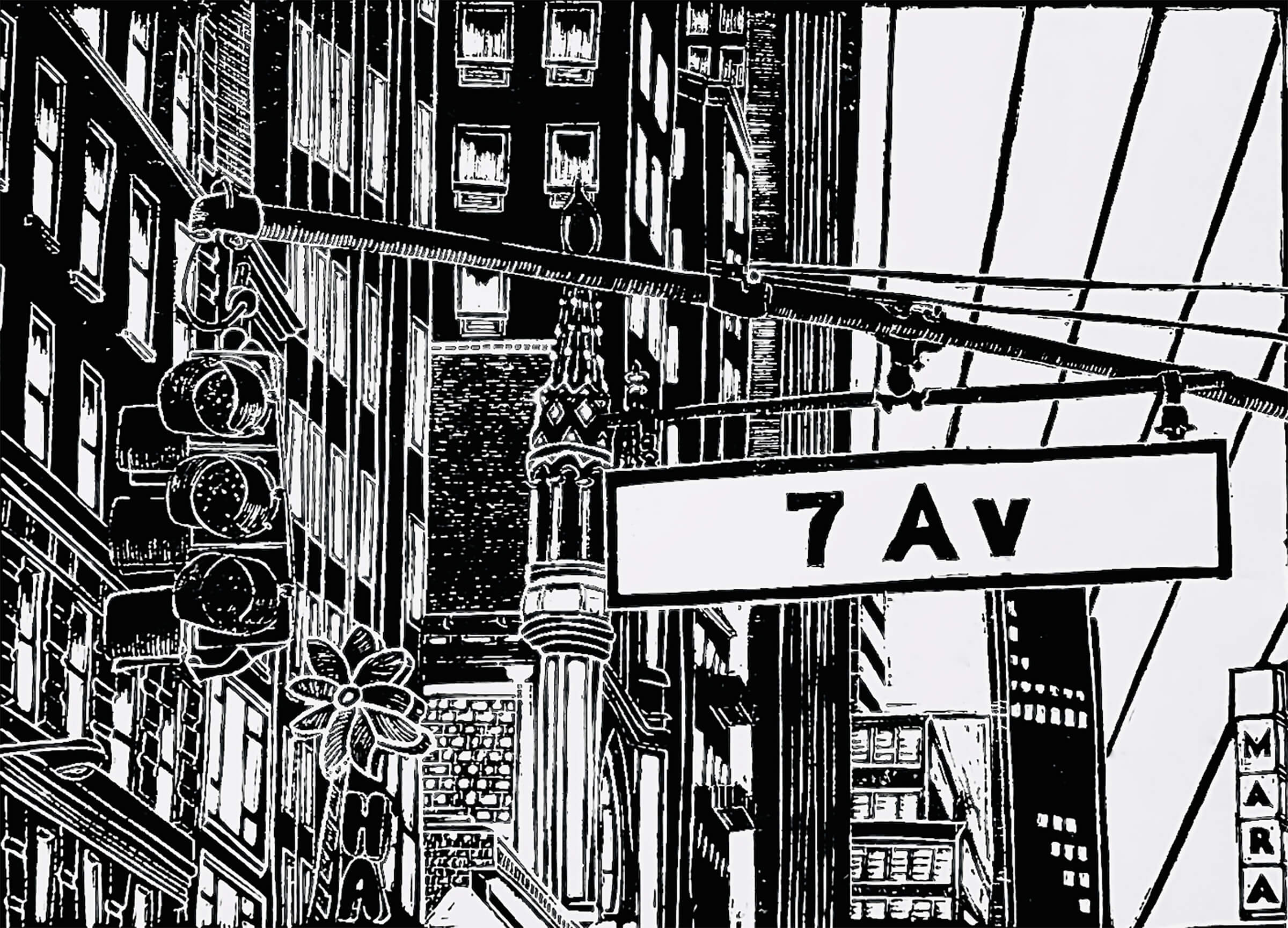 New York City Ausschnitt der 7th Avenue als Original in hochwertiger Druckqualität - ein absolutes Highlight für New York Fans! Schwarzfarbener Druck auf Zerkall hingeschöpftem Papier inkl. Wasserzeichen, vom Künstler signiert und Zertifiziert.