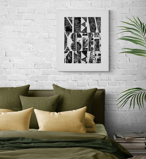 1 Original Kunstwerk als Collage des Schriftzugs "New York", erstellt aus mehreren original Hochdrucken mit Rahmen.- ein absolutes Highlight für New York Fans! Drucke in Carbon-Black auf hochwertigem reinweißem Bütten Papier