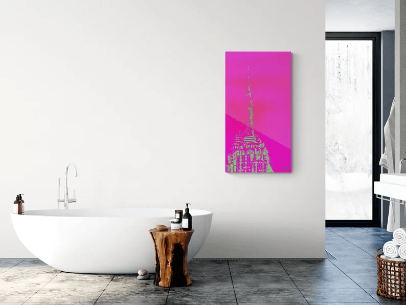 Echter Fotoabzug hinter Acrylglas, Ansicht auf das New Yorker Empire State Building in hochwertiger Druckqualität - ein absolutes Highlight für New York Fans! Farbe trendiges Pink, vom Künstler signiert und Zertifiziert, in 6 Größen