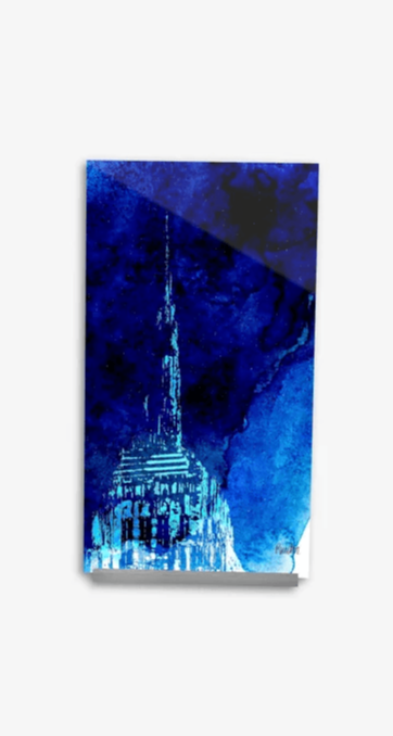 Acrylglas-Aufsteller Empire State Building in hochwertiger Druckqualität – perfekt für New York-Fans! Blau-Aquarell-Druck vom Original, vom Künstler signiert und mit Zertifikat. Limitierte Ausgabe,  in 2 Größen erhältlich