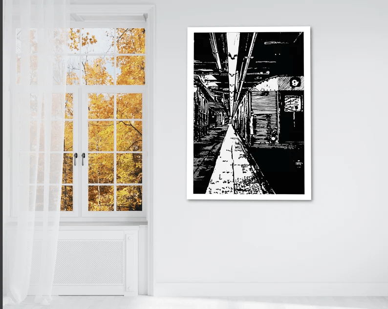 Poster New York City Underground Subway in hochwertiger Druckqualität - ein absolutes Highlight für New York Fans! Schwarzfarbener Druck auf weissem Hahnemühle Papier, vom Künstler signiert und Zertifiziert. In 6 Grössen erhältlich.