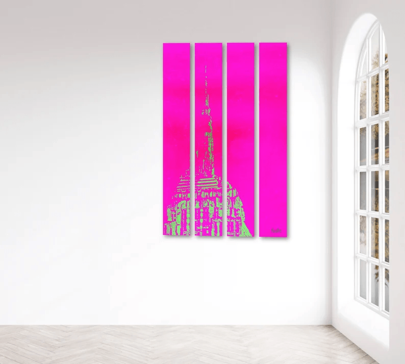 New York City Empire State Building in Pink und Lemon-Gelb auf hochwertigem Alu-Dibond, als Blickfang in 4 Teilen, premium Druckqualität - ein absolutes Highlight für New York Fans! vom Künstler signiert und zertifiziert. 20221038