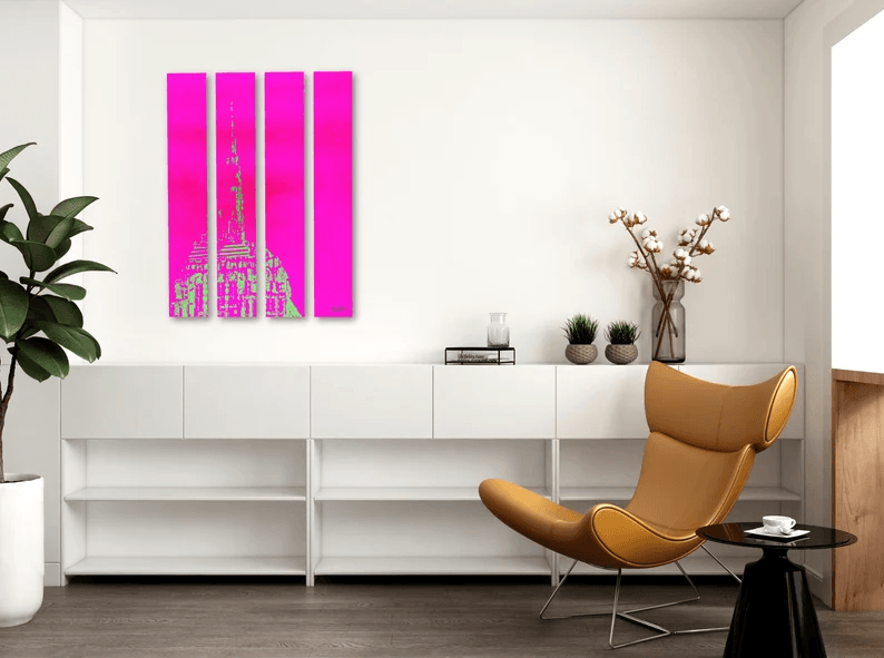 New York City Empire State Building in Pink und Lemon-Gelb auf hochwertigem Alu-Dibond, als Blickfang in 4 Teilen, premium Druckqualität - ein absolutes Highlight für New York Fans! vom Künstler signiert und zertifiziert. 20221038