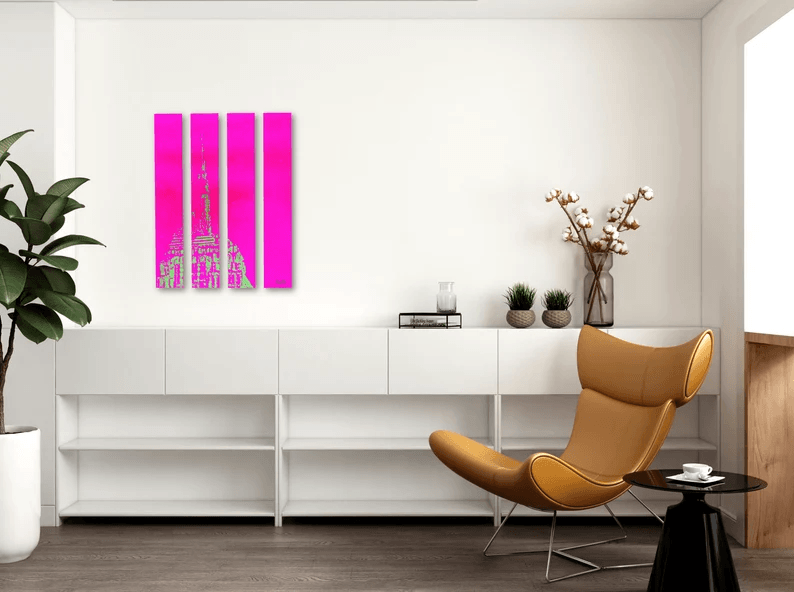 New York City Empire State Building in Pink und Lemon-Gelb auf hochwertigem Alu-Dibond, als Blickfang in 4 Teilen, premium Druckqualität - ein absolutes Highlight für New York Fans! vom Künstler signiert und zertifiziert. 20221038