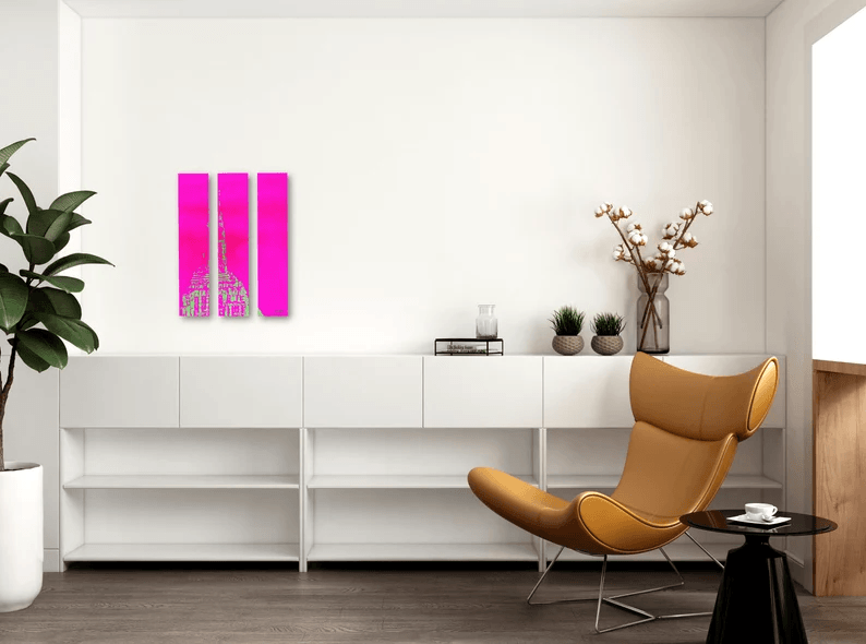 New York City Empire State Building in Pink und Lemon-Gelb auf hochwertigem Alu-Dibond, als Blickfang in 4 Teilen, premium Druckqualität - ein absolutes Highlight für New York Fans! vom Künstler signiert und zertifiziert. 20221038