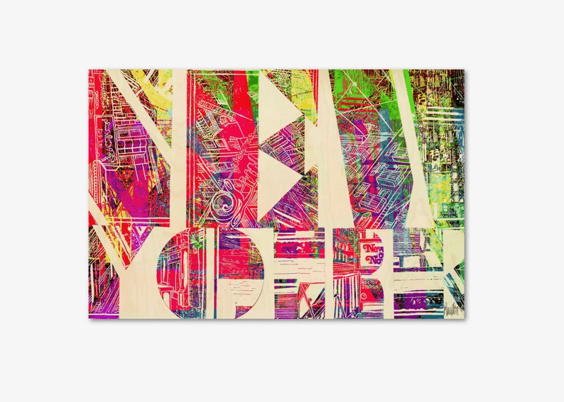 Fotodruck auf stabiler Holzplatte/New York Plakat/Mehrfarbig/Hochwertiger Druck v.Original/Limitiert/m. Zertifikat/Signiert/in 10 Größen