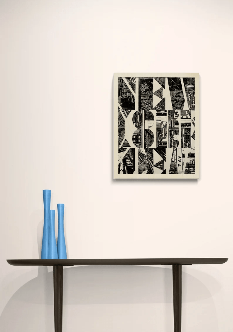 Fotodruck auf stabiler Holzplatte/New York Plakat/Schwarz/Hochwertiger Druck v.Original/Limitiert/m. Zertifikat/Signiert/in 10 Größen