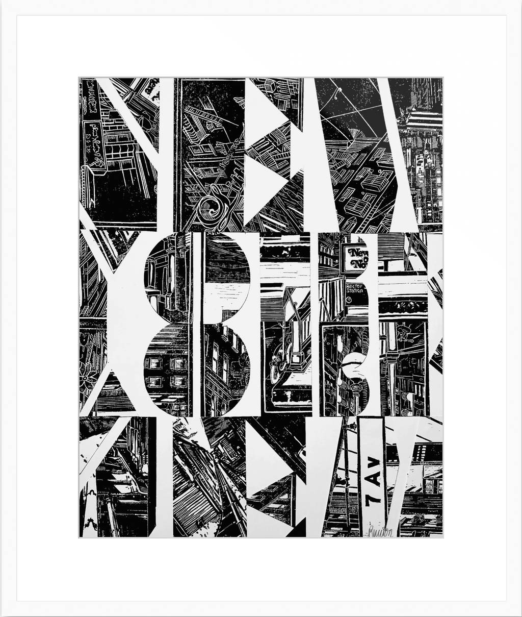 1 Original Kunstwerk als Collage des Schriftzugs "New York", erstellt aus mehreren original Hochdrucken mit Rahmen.- ein absolutes Highlight für New York Fans! Drucke in Carbon-Black auf hochwertigem reinweißem Bütten Papier