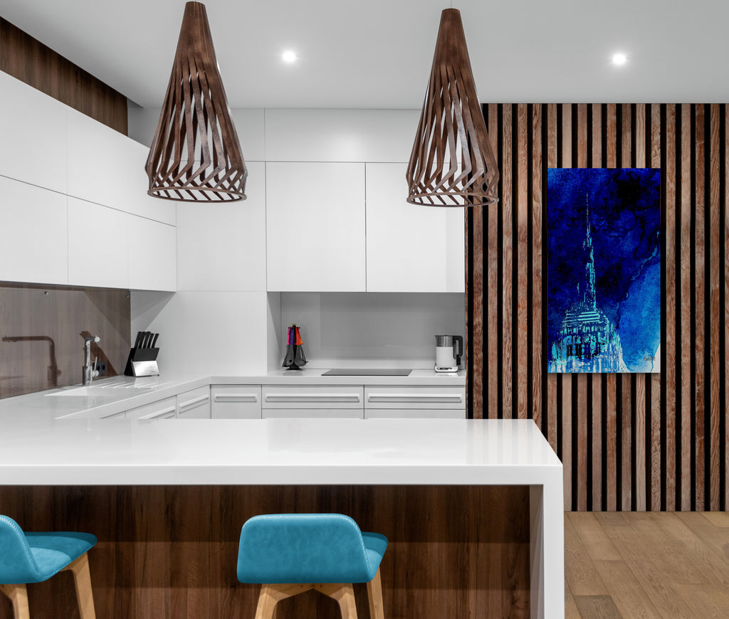 Echter Fotoabzug hinter Acrylglas, Ansicht auf das New Yorker Empire State Building in hochwertiger Druckqualität - ein absolutes Highlight für New York Fans! Farbe High Blue-Aquarell, vom Künstler signiert und Zertifiziert, in 6 Größen