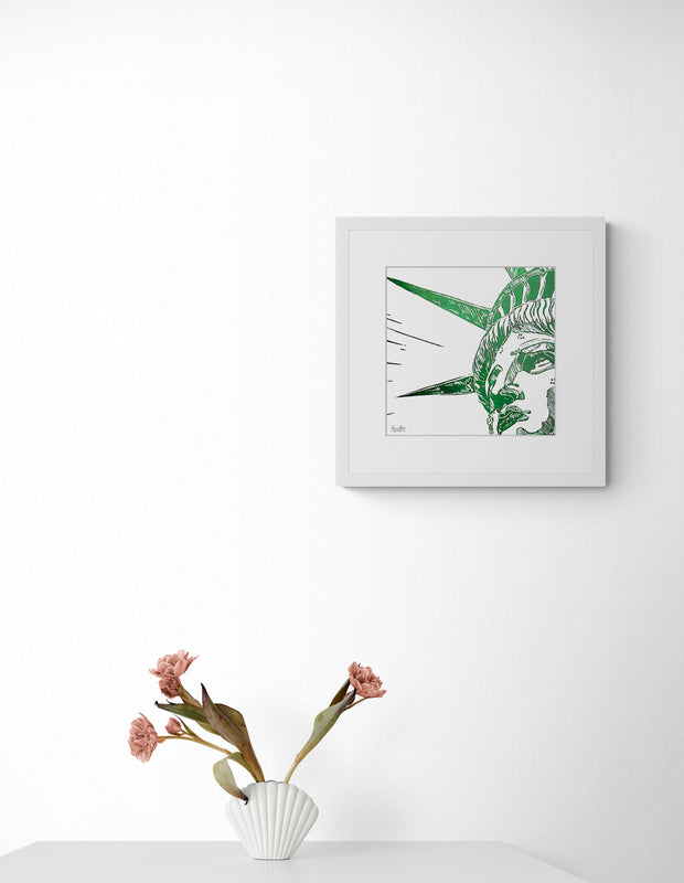 New York City Ausschnitt der berühmten "Lady Liberty" der Freiheitsstatue als Original in hochwertigem Druck - ein absolutes Highlight für New York Fans! Farb-Druck, Smaragd-Grün, vom Künstler signiert und zertifiziert