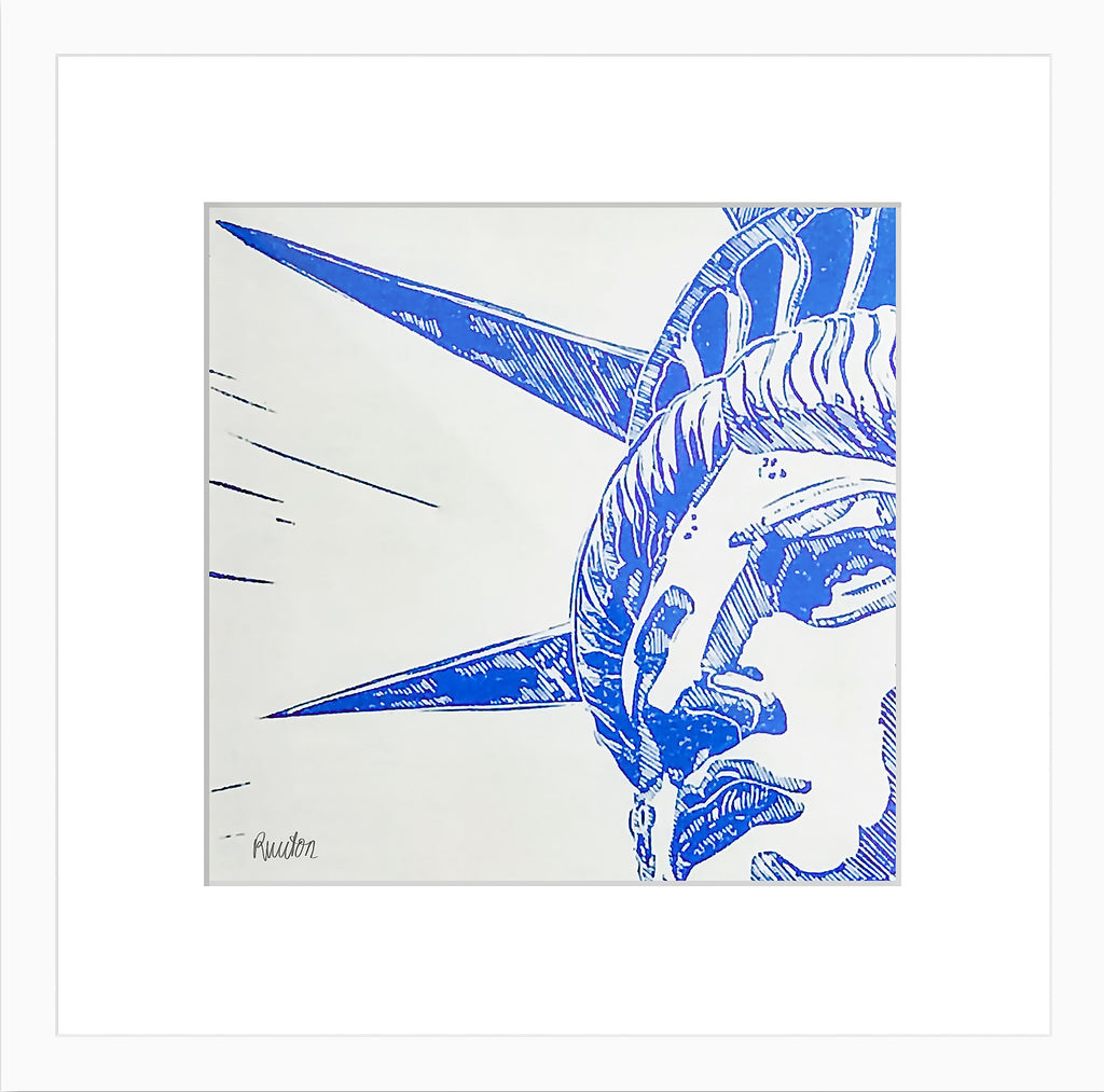 New York City Ausschnitt der berühmten "Lady Liberty" der Freiheitsstatue als Original in hochwertigem Druck - ein absolutes Highlight für New York Fans! Farb-Druck, Cyan-Blau Perleffekt, vom Künstler signiert und zertifiziert