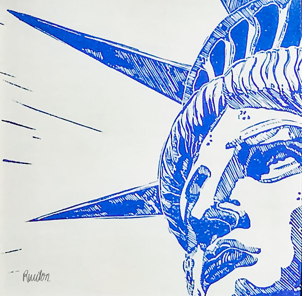 New York City Ausschnitt der berühmten "Lady Liberty" der Freiheitsstatue als Original in hochwertigem Druck - ein absolutes Highlight für New York Fans! Farb-Druck, Cyan-Blau Perleffekt, vom Künstler signiert und zertifiziert