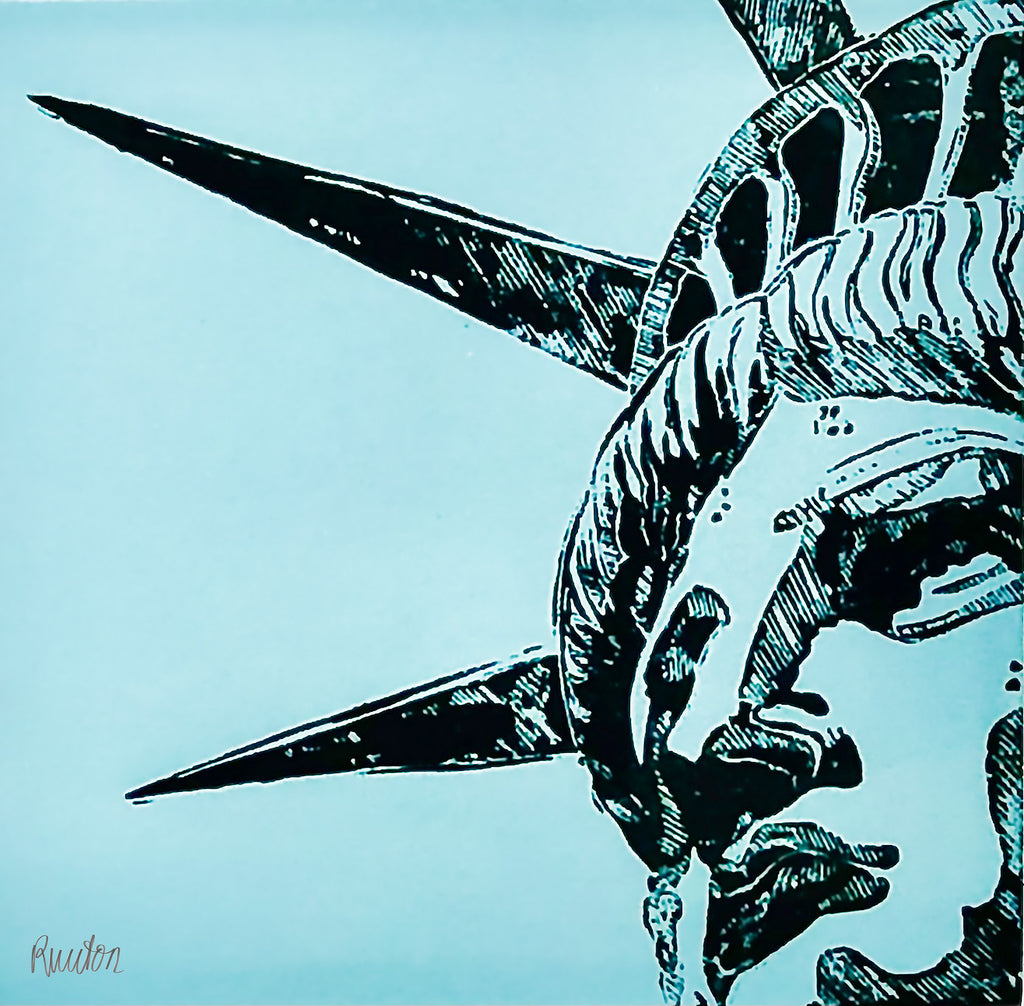 Kopie von New York City Ausschnitt der berühmten "Lady Liberty" der Freiheitsstatue als Original in hochwertigem Druck - ein absolutes Highlight für New York Fans! 2 Farben-Druck, Schwarz, Blau-Türkies, vom Künstler signiert und zertifiziert